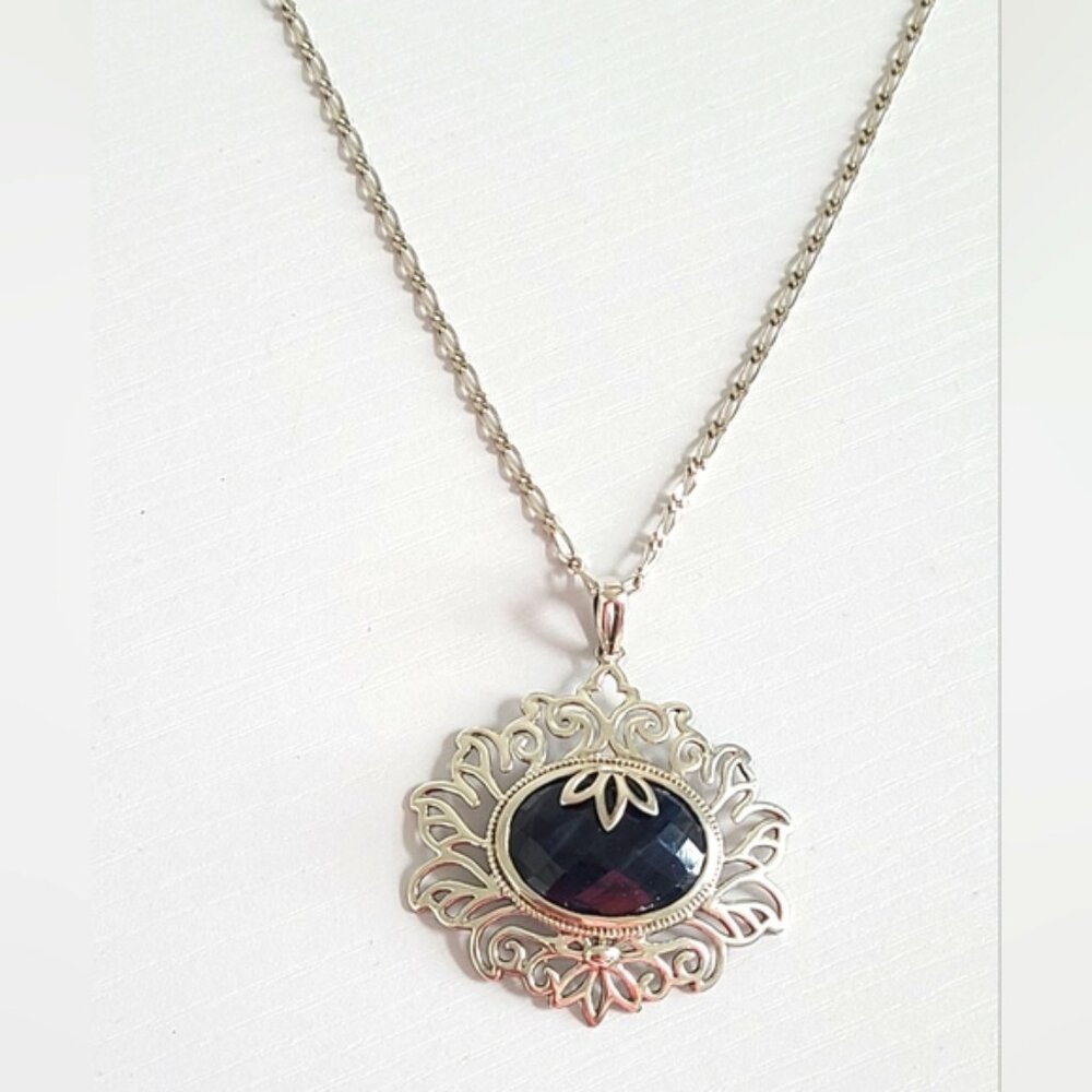 Vintage Large Boho Blue Sapphire Gemstone Sterling Silver Pendant Necklace